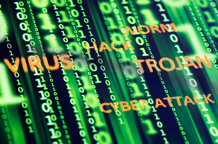 binary code overlaid with the words "virus, trojan, cyberattack, hack, worm"